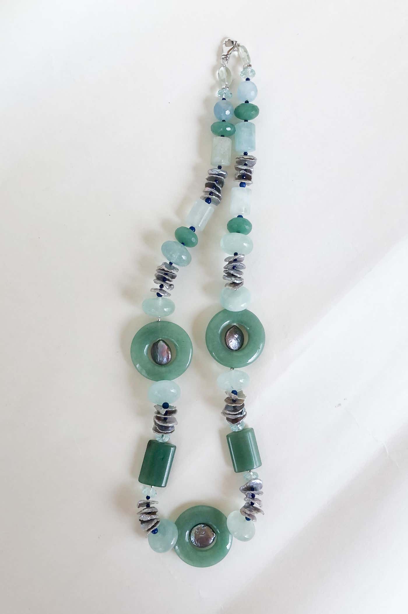 Jade, Aquamarine, Lapis Lazuli, Aventurine and Grey Pearl Necklace