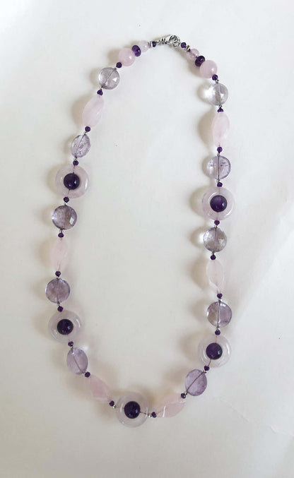 Rose Quartz, Amethyst and Silver Rhodium-Plated Beaded Necklace