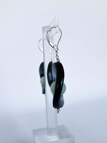 Jade and Onyx Drop Earrings with 14 Karat White Gold