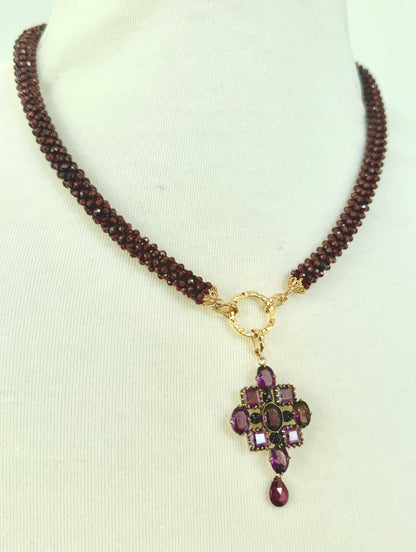 Garnet Woven Rope Necklace with Removable Amethyst Centerpiece