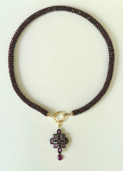 Garnet Woven Rope Necklace with Removable Amethyst Centerpiece