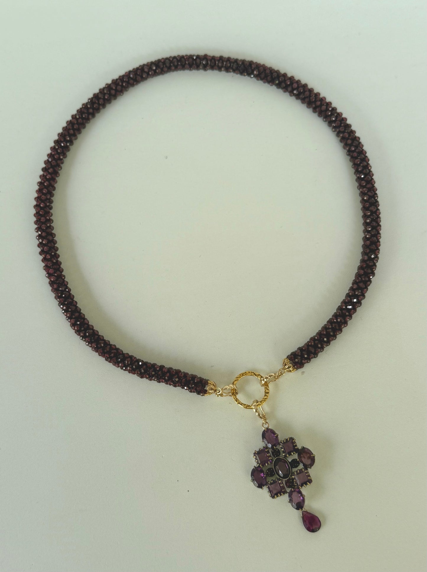 Garnet Woven Rope Necklace with Removable Amethyst Centerpiece