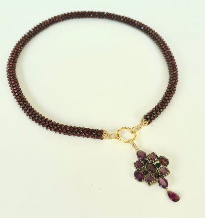 Garnet Woven Rope Necklace with Removable Amethyst Centerpiece