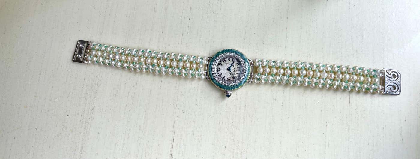 Antique Platinum Edwardian Diamond Encrusted Bracelet with Pearl & Enamel