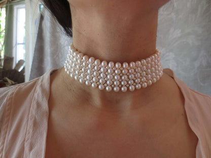 Statement White Pearl Woven Choker with White Gold Plated Silver Clasp