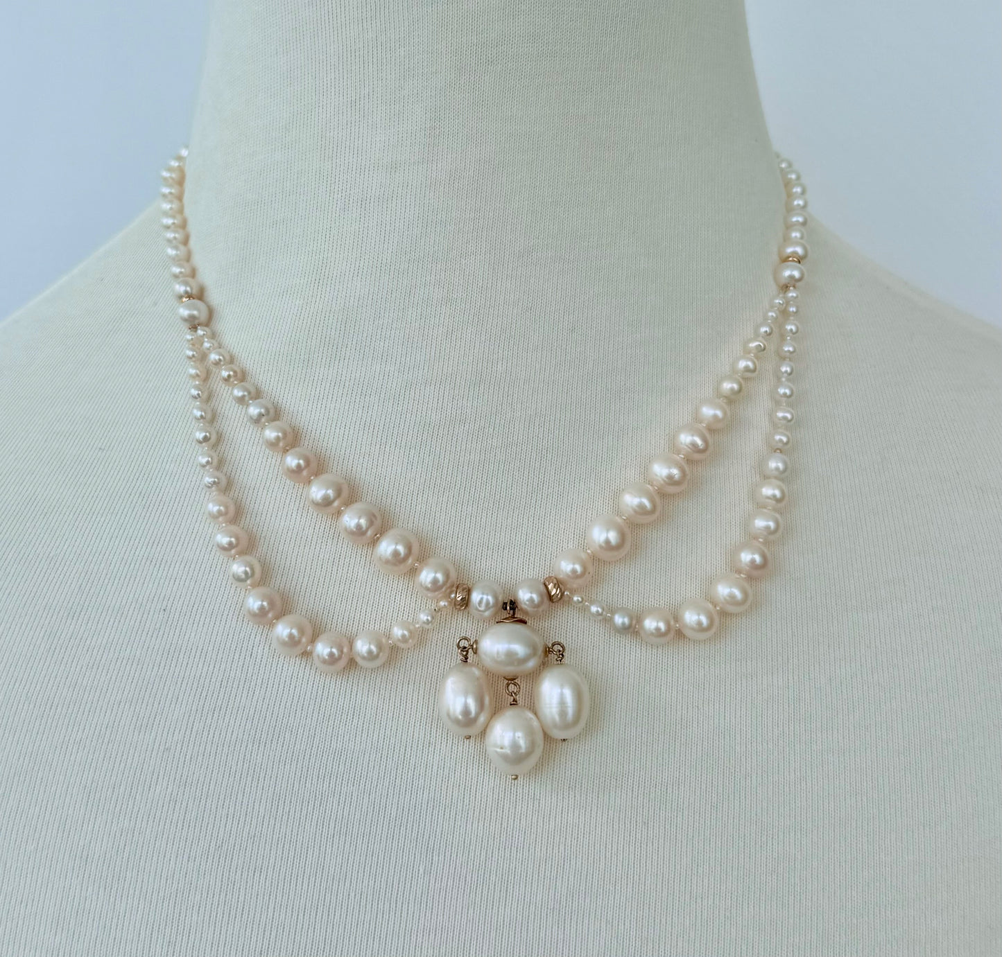Graduated Pearl Draped Necklace with 14k Yellow Gold Beads and Clasp
