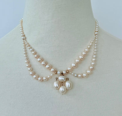 Graduated Pearl Draped Necklace with 14k Yellow Gold Beads and Clasp