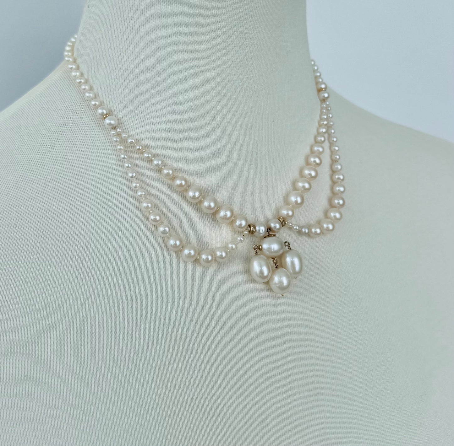 Graduated Pearl Draped Necklace with 14k Yellow Gold Beads and Clasp