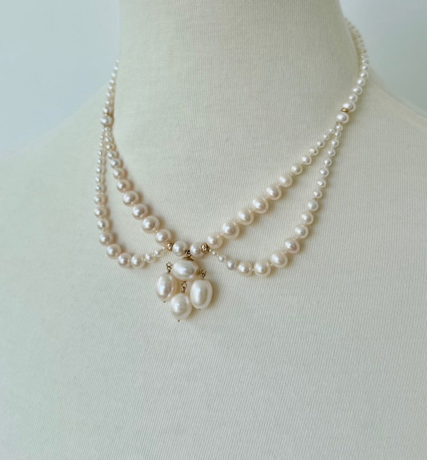 Graduated Pearl Draped Necklace with 14k Yellow Gold Beads and Clasp