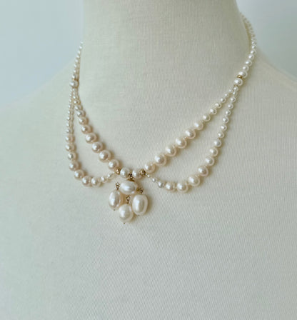 Graduated Pearl Draped Necklace with 14k Yellow Gold Beads and Clasp