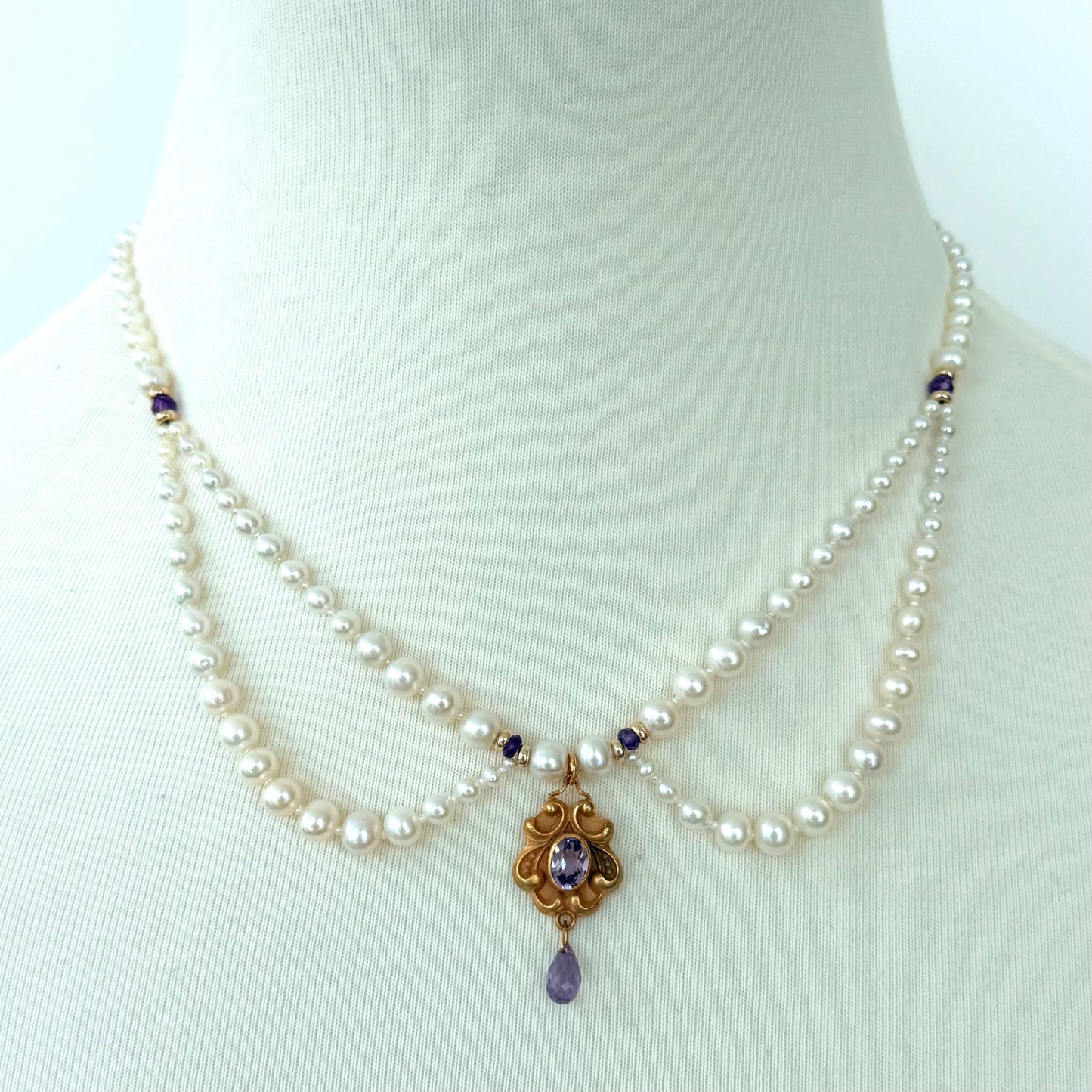 Vintage 10k English Gold Amethyst Encrusted Pearl Draped Necklace