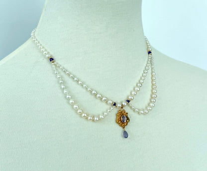Vintage 10k English Gold Amethyst Encrusted Pearl Draped Necklace
