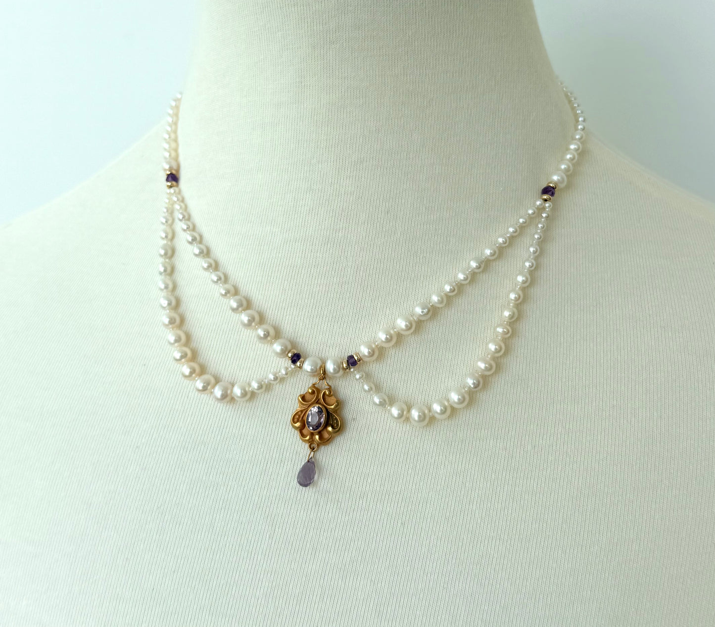 Vintage 10k English Gold Amethyst Encrusted Pearl Draped Necklace
