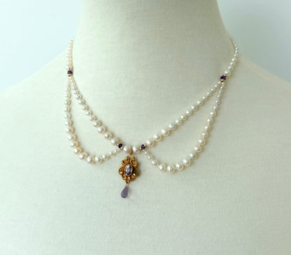 Vintage 10k English Gold Amethyst Encrusted Pearl Draped Necklace