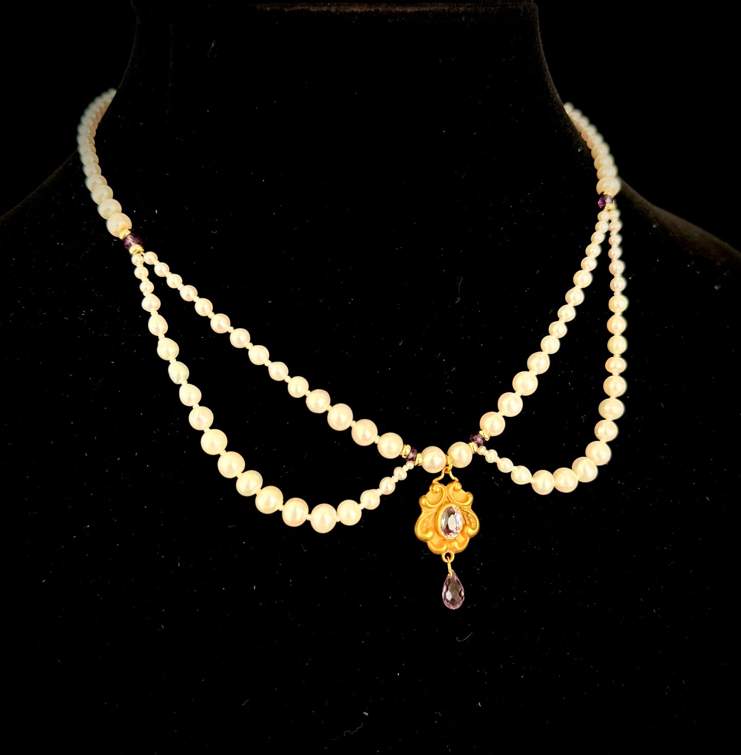 Vintage 10k English Gold Amethyst Encrusted Pearl Draped Necklace