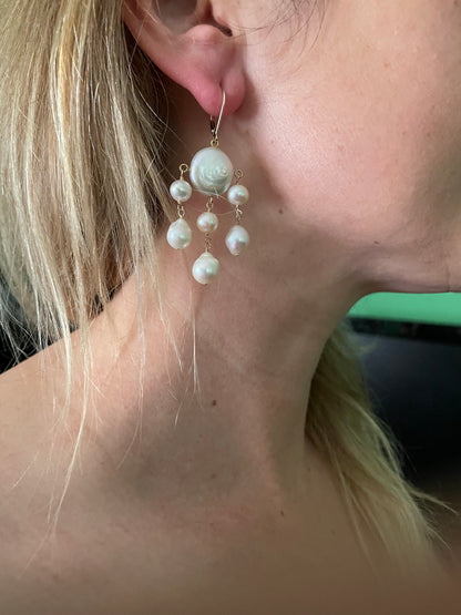 Coin Pearl Chandelier "Rain Drop" Earrings with Solid 14k Yellow Gold Lever Back Hooks