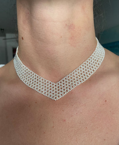 Pearl Woven "V" Necklace with Adjustable 14k Clasp