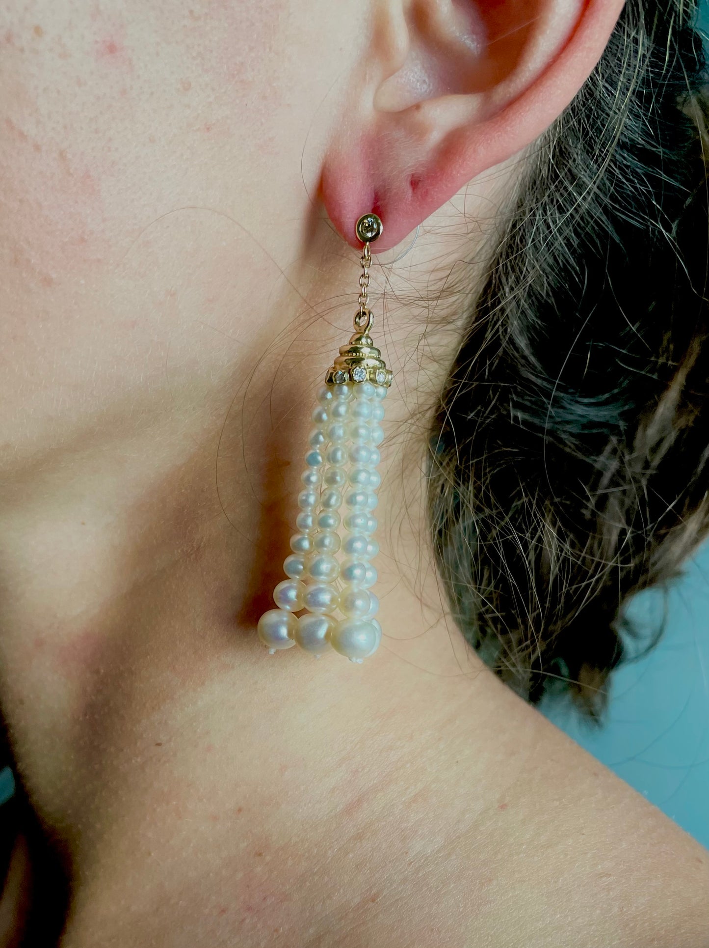 Pearl Tassel Earrings with Diamonds and 14k
