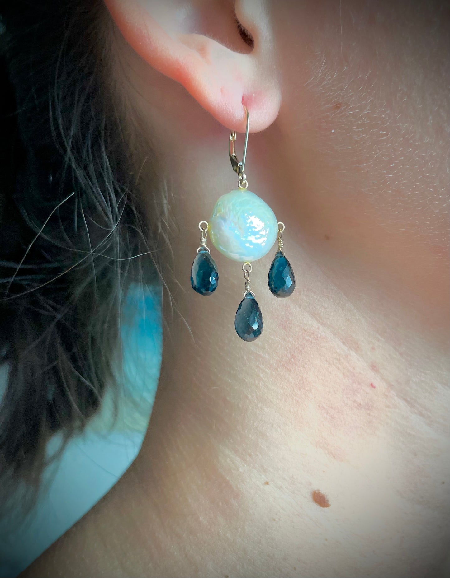 London Blue Topaz, Pearl & 14k Chandelier Earrings