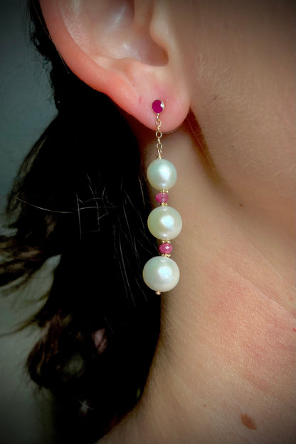 Pearl, Ruby & 14k Gold Dangle Earrings