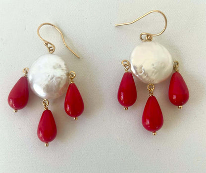 Pearl & Coral Chandelier Earrings with Solid 14k Yellow Gold