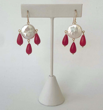 Pearl & Coral Chandelier Earrings with Solid 14k Yellow Gold