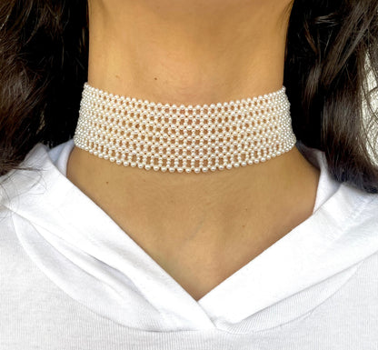 Lace Woven Seed Pearl Choker with Adjustable Silver Clasp