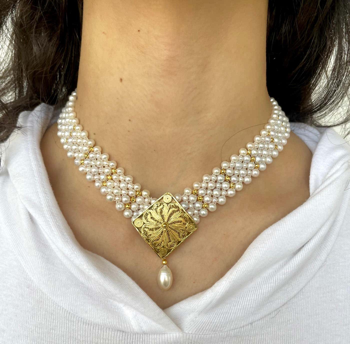 One of A Kind Adjustable Pearl Necklace with Vintage 18k Centerpiece