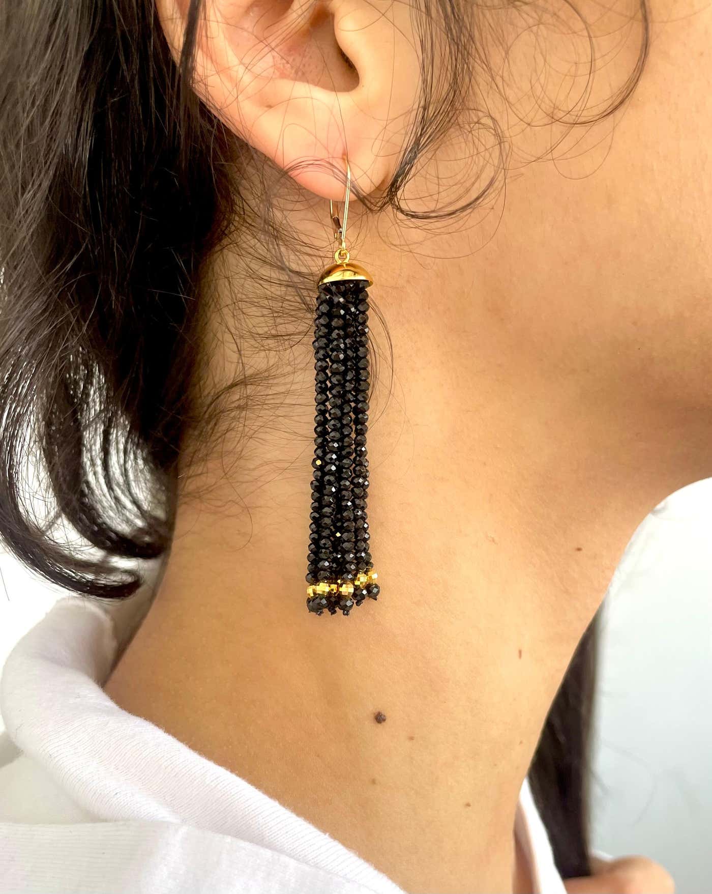 Black Spinel Dangle Earrings with Solid 14k Lever Back Hooks