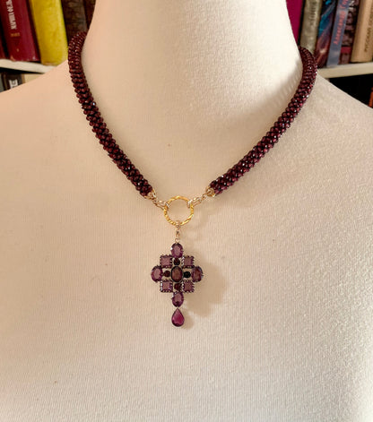 Garnet Woven Rope Necklace with Removable Amethyst Centerpiece