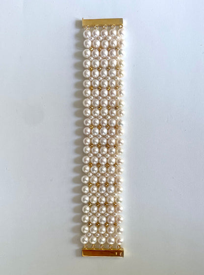 Pearl and 18k Yellow Gold Plated  Woven Bracelet