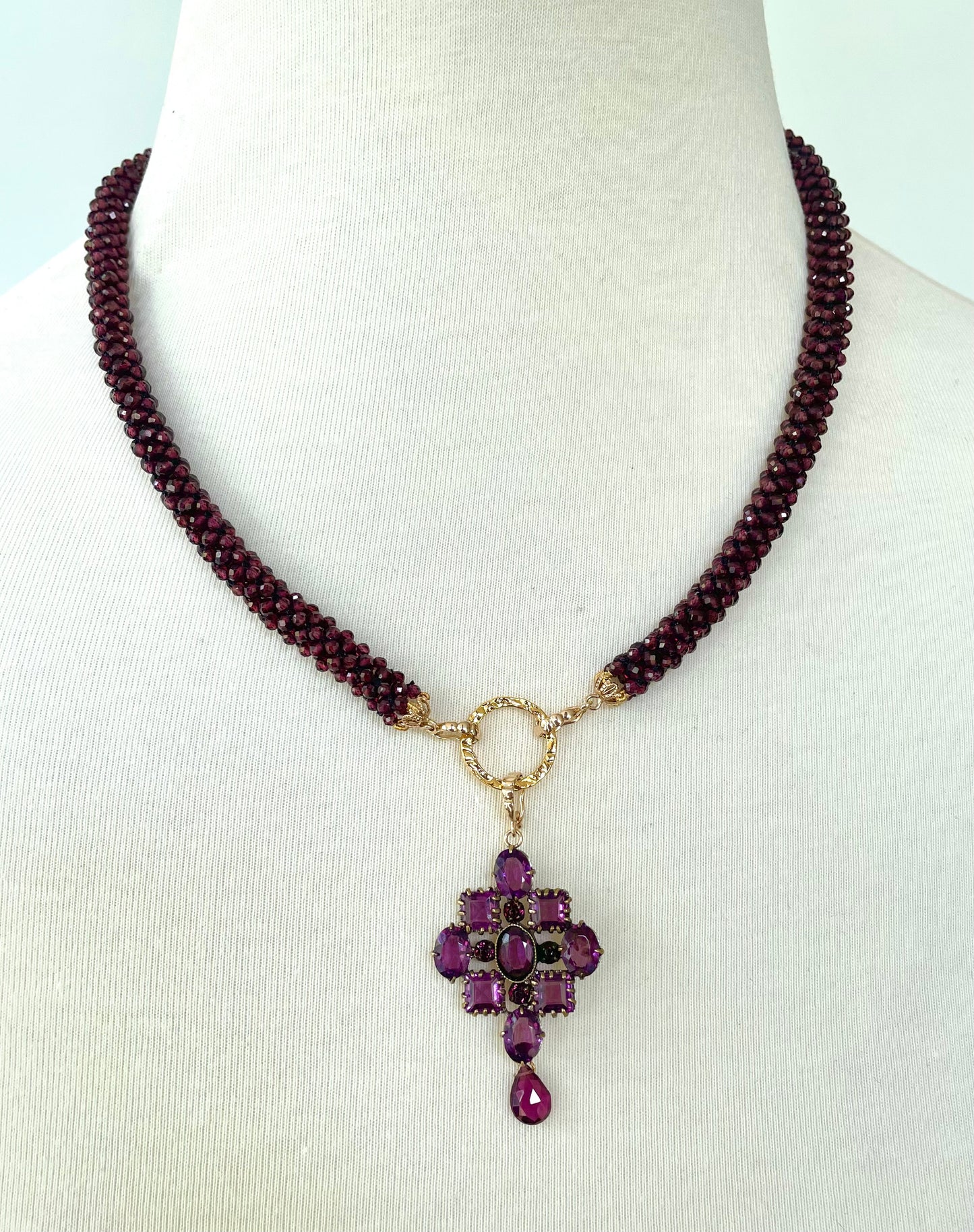 Garnet Woven Rope Necklace with Removable Amethyst Centerpiece