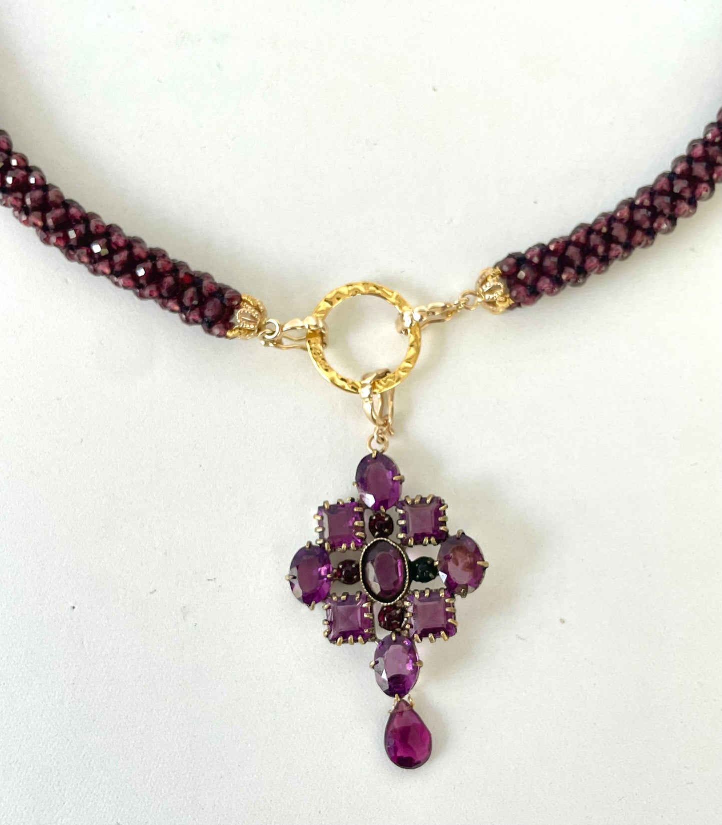 Garnet Woven Rope Necklace with Removable Amethyst Centerpiece
