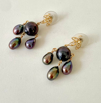 Black Pearl & Solid 14k Yellow Gold Chandelier Earrings