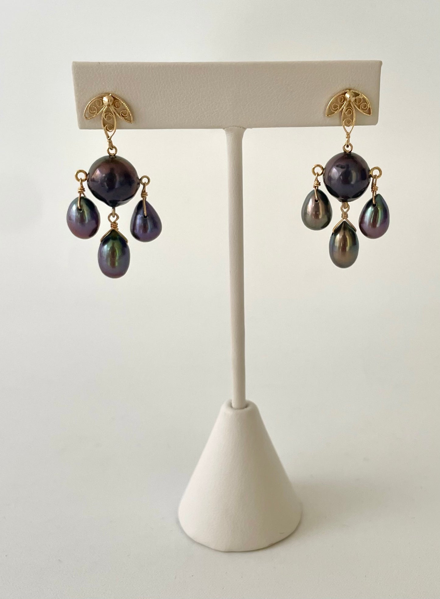 Black Pearl & Solid 14k Yellow Gold Chandelier Earrings