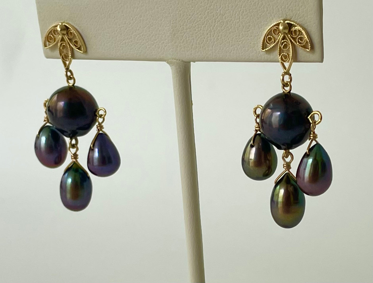 Black Pearl & Solid 14k Yellow Gold Chandelier Earrings