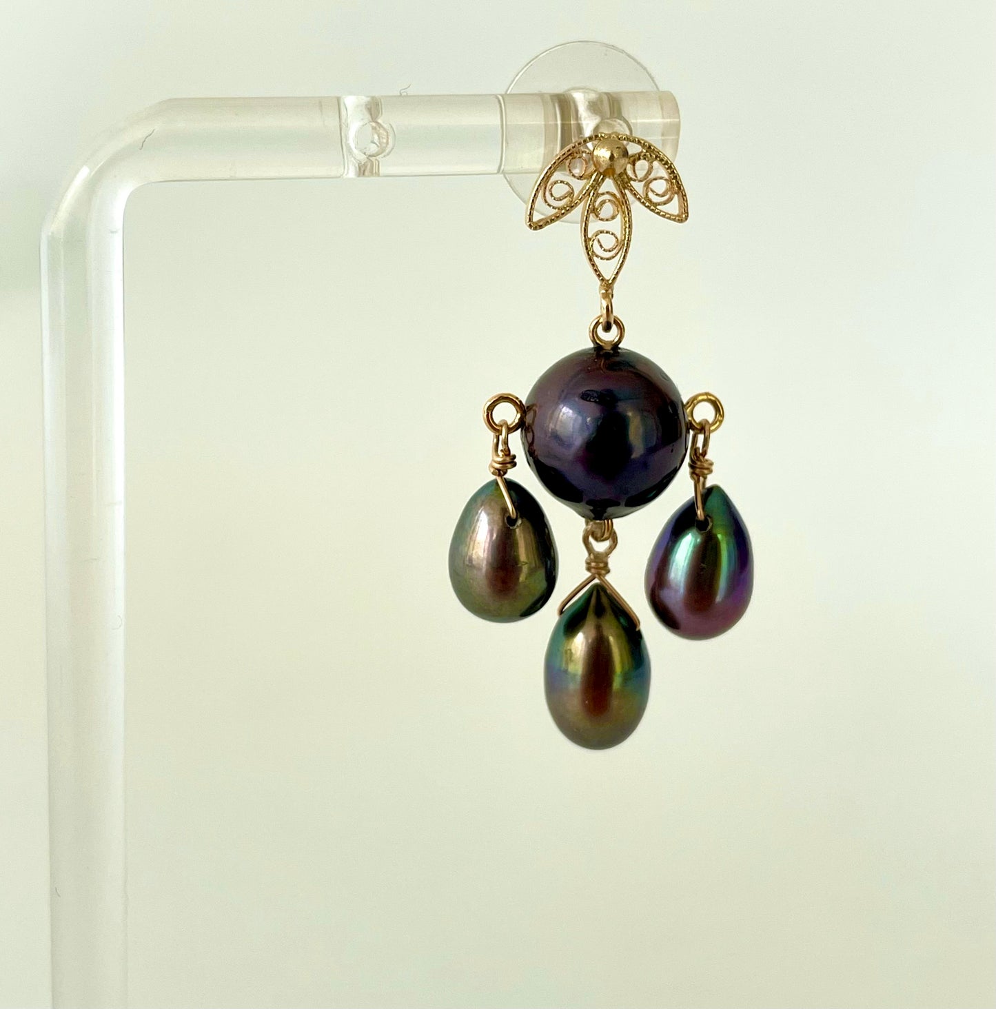 Black Pearl & Solid 14k Yellow Gold Chandelier Earrings