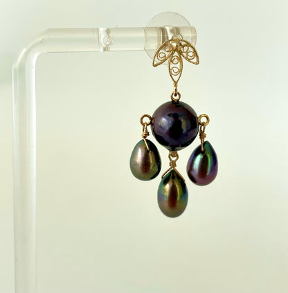 Black Pearl & Solid 14k Yellow Gold Chandelier Earrings