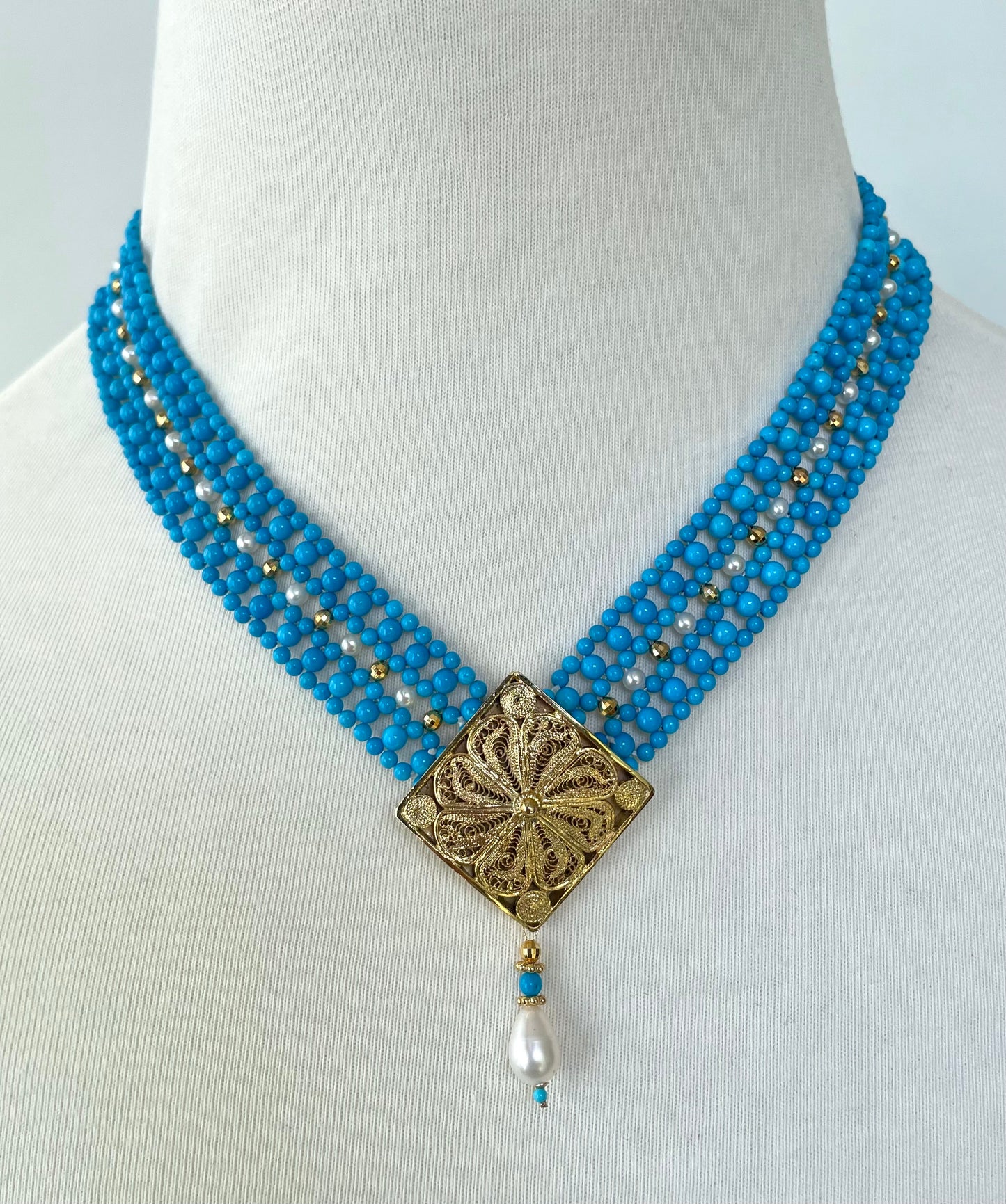 Turquoise & Pearl Adjustable Woven Necklace with Filigree Gold Clasp