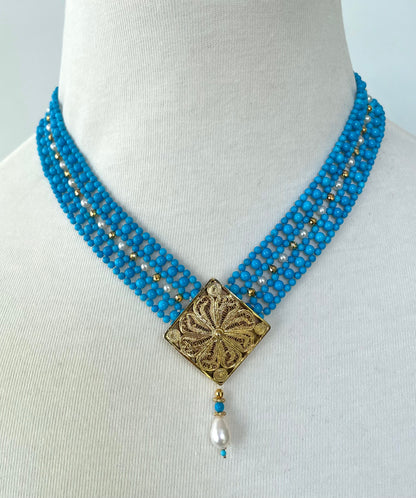 Turquoise & Pearl Adjustable Woven Necklace with Filigree Gold Clasp
