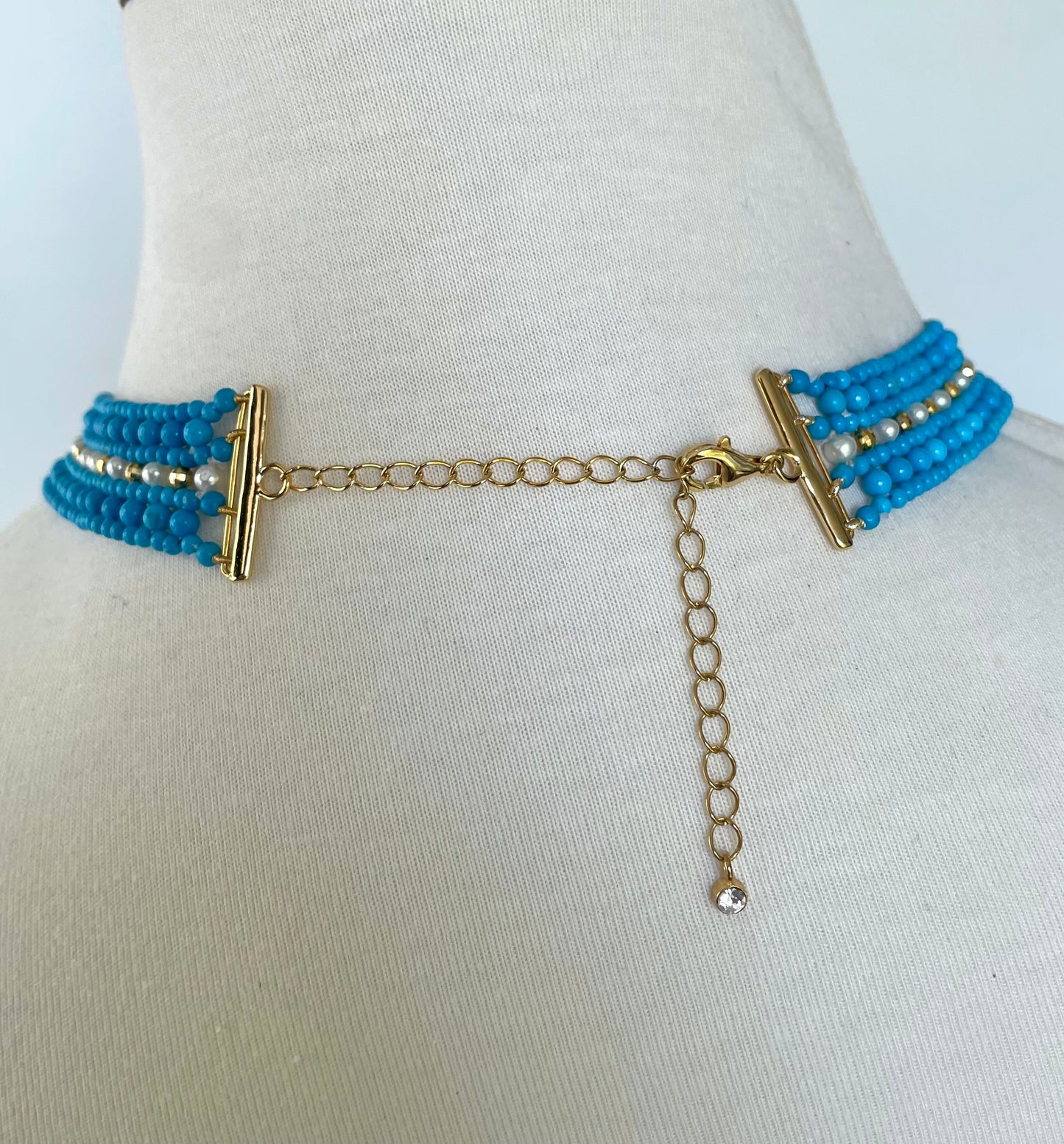 Turquoise & Pearl Adjustable Woven Necklace with Filigree Gold Clasp