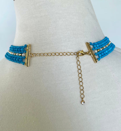 Turquoise & Pearl Adjustable Woven Necklace with Filigree Gold Clasp