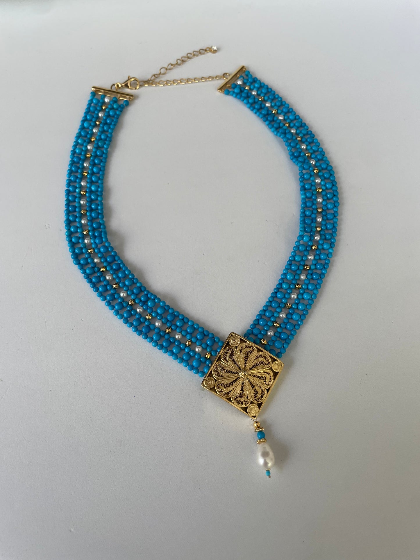 Turquoise & Pearl Adjustable Woven Necklace with Filigree Gold Clasp