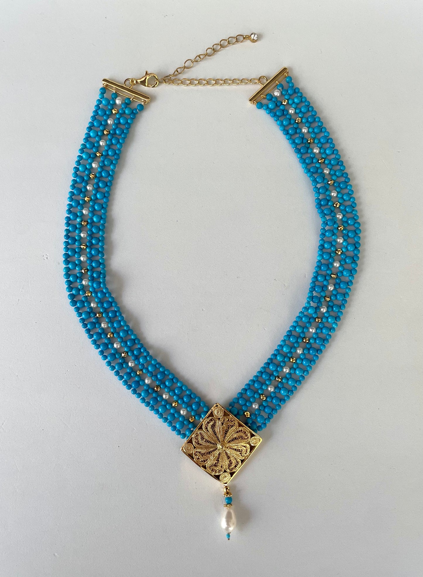 Turquoise & Pearl Adjustable Woven Necklace with Filigree Gold Clasp