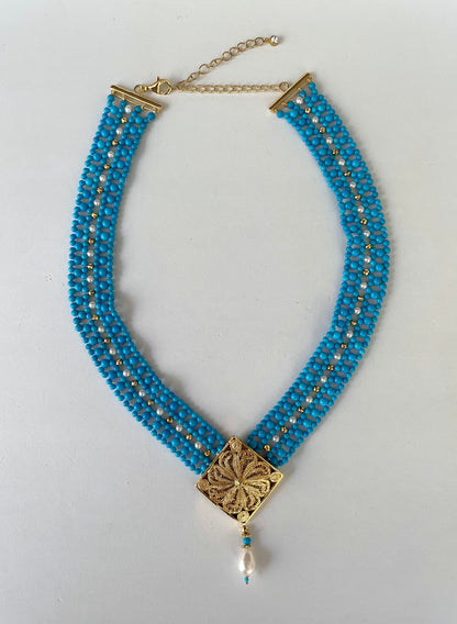 Turquoise & Pearl Adjustable Woven Necklace with Filigree Gold Clasp