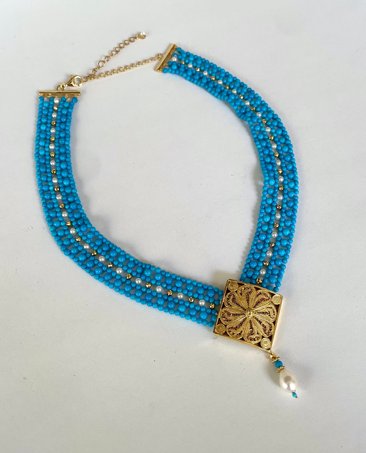 Turquoise & Pearl Adjustable Woven Necklace with Filigree Gold Clasp