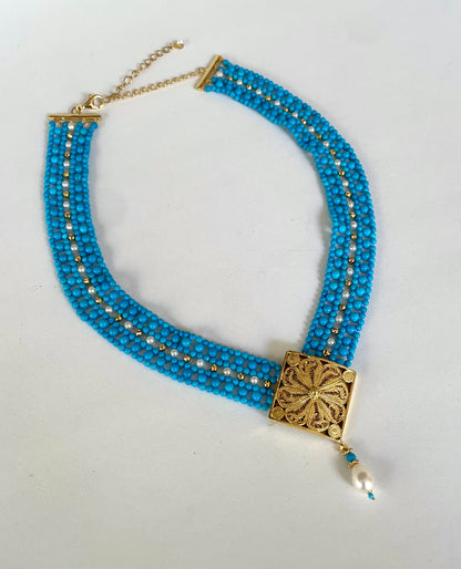 Turquoise & Pearl Adjustable Woven Necklace with Filigree Gold Clasp