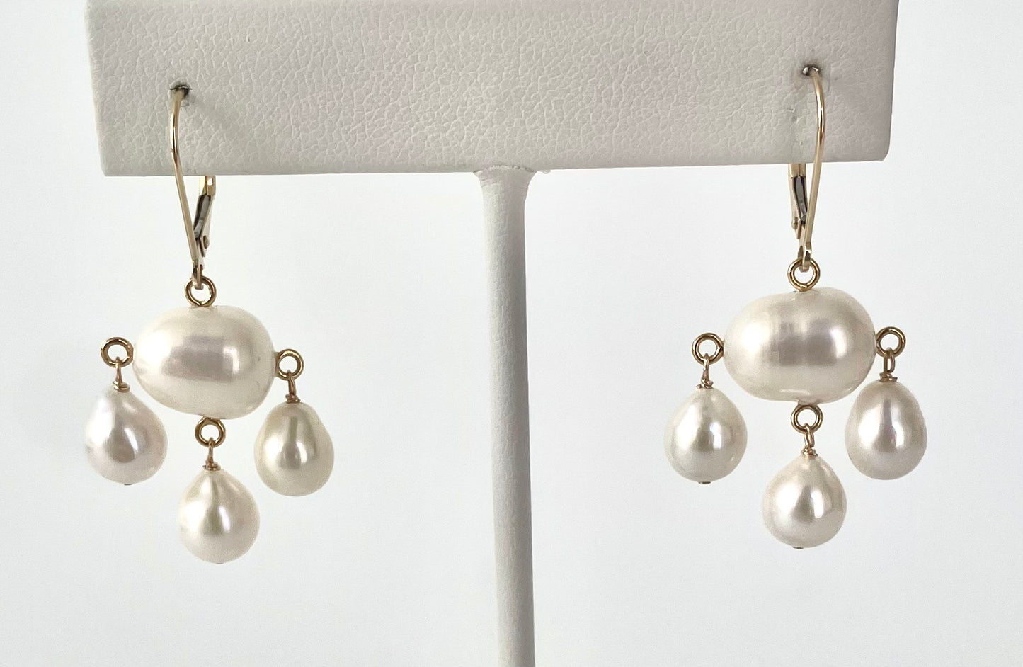 Pearl & Solid 14k Yellow Gold Chandelier Earrings with Lever Back Hook