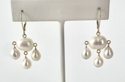 Pearl & Solid 14k Yellow Gold Chandelier Earrings with Lever Back Hook