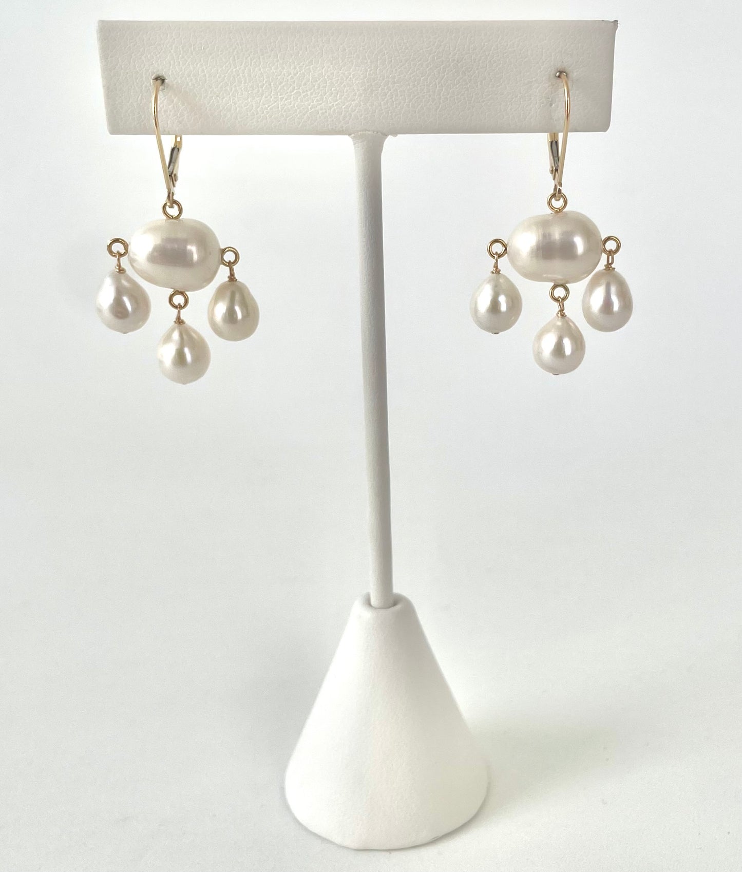 Pearl & Solid 14k Yellow Gold Chandelier Earrings with Lever Back Hook